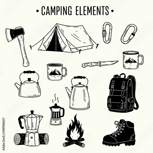 Collection of camping elements in black and white line art style on a white background surface