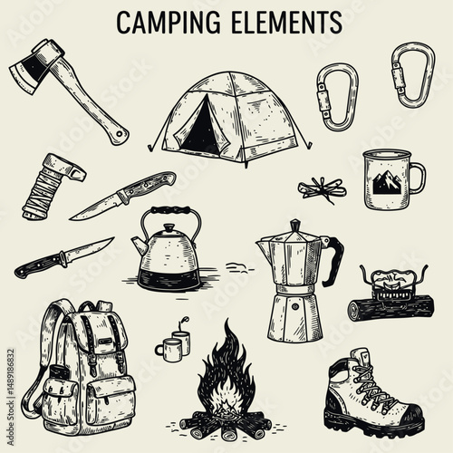 Illustration of camping elements including tent axe backpack campfire and cooking equipment in sketch style