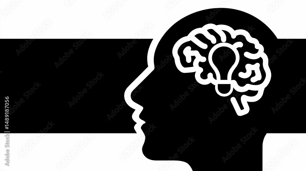 Obraz premium Brain inside head, lightbulb shape, idea symbol. Black & white design