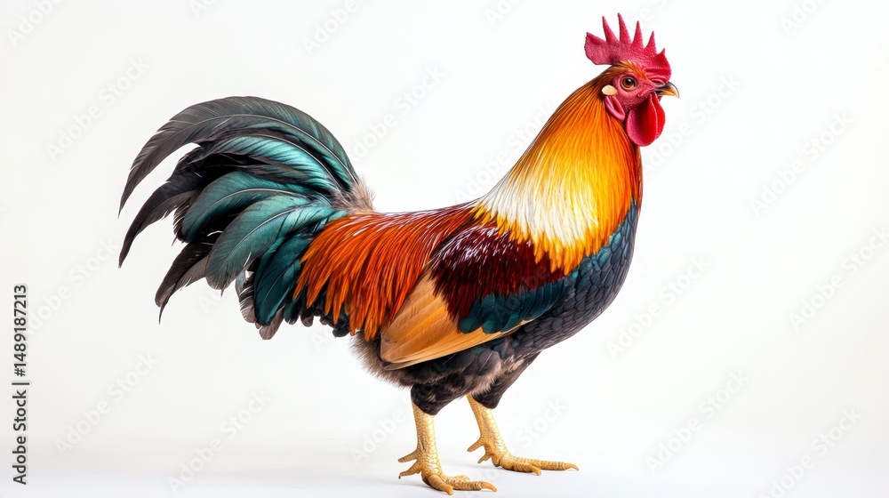Fototapeta premium Vibrant Rooster Portrait with Colorful Feathers on White Background