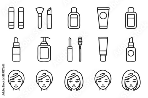 Beauty and Cosmetics Line Icon Set with Skincare, Makeup, and Self-Care Elements