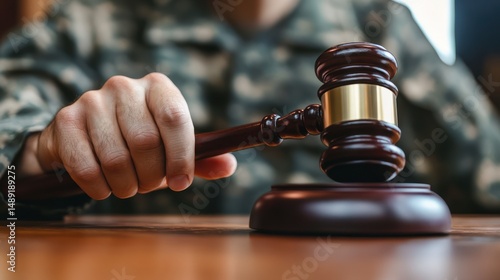 Military justice represented by a soldier holding a wooden gavel firmly