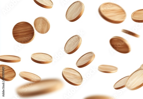 Wallpaper Mural Floating Wooden Discs on White Background with Dynamic Movement Torontodigital.ca