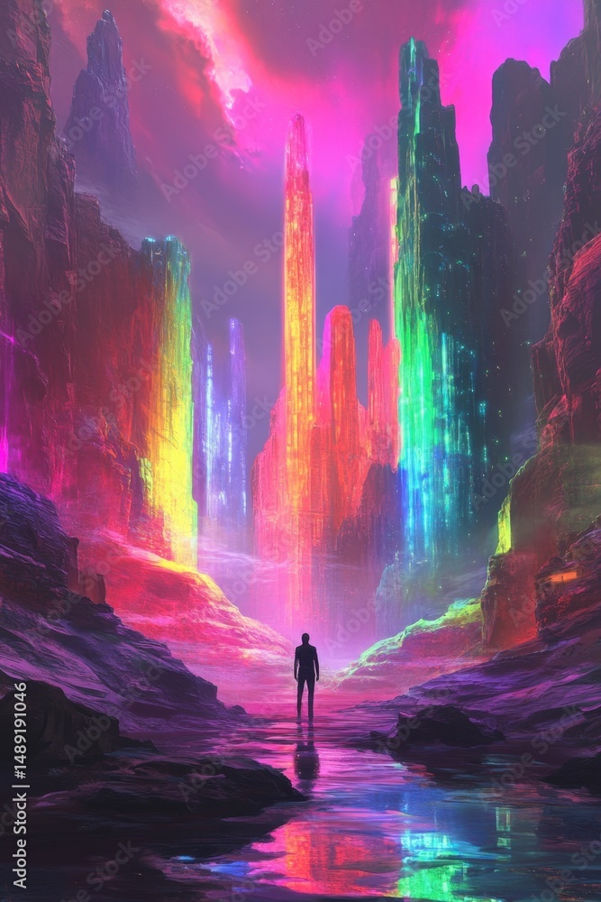 Fototapeta premium Surreal Landscape with Colorful Mountains and Silhouette of Person