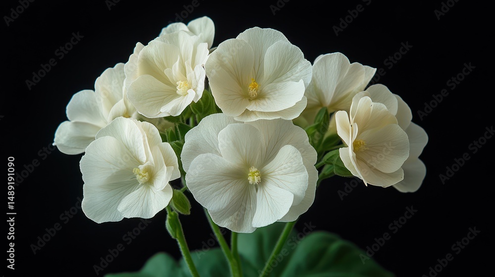 Obraz premium Delicate white geraniums showcase luminous petals against a dark backdrop