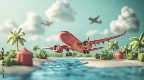 Wallpaper Mural Whimsical Tropical Getaway: Cartoon Airplane Landing on a Paradise Island Torontodigital.ca