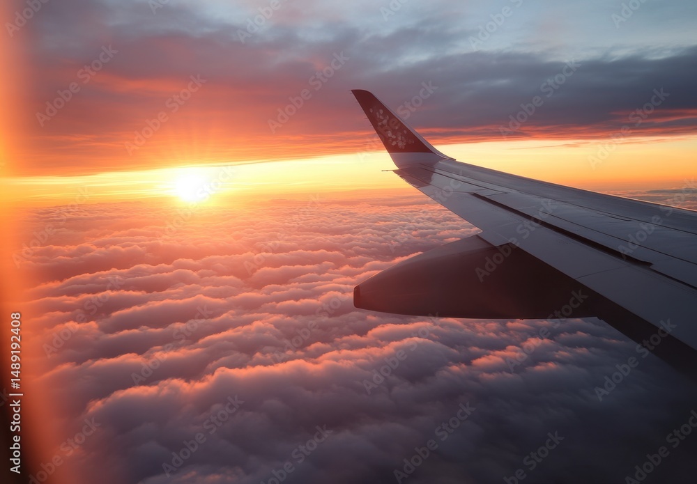Obraz premium Serene Sunset View from Airplane Window Over Cloudy Sky