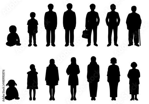 男女の人生の段階を描いたシルエットセット