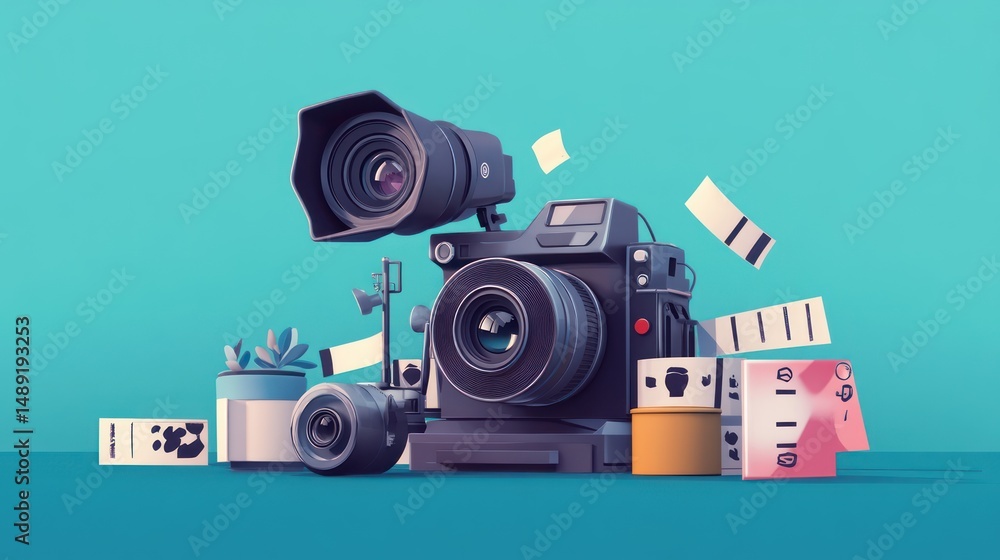 Fototapeta premium Detailed Camera Illustration with Creative Elements on a Turquoise Background