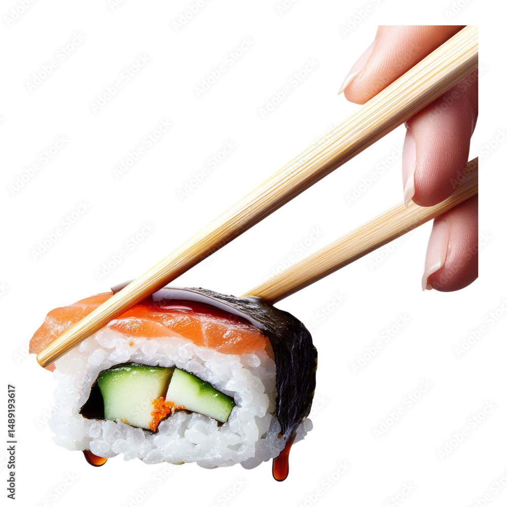 Fresh Sushi Roll with Salmon and Cucumber Held with Chopsticks