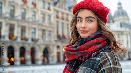 A woman wearing a red hat and a scarf is standing in front of a building