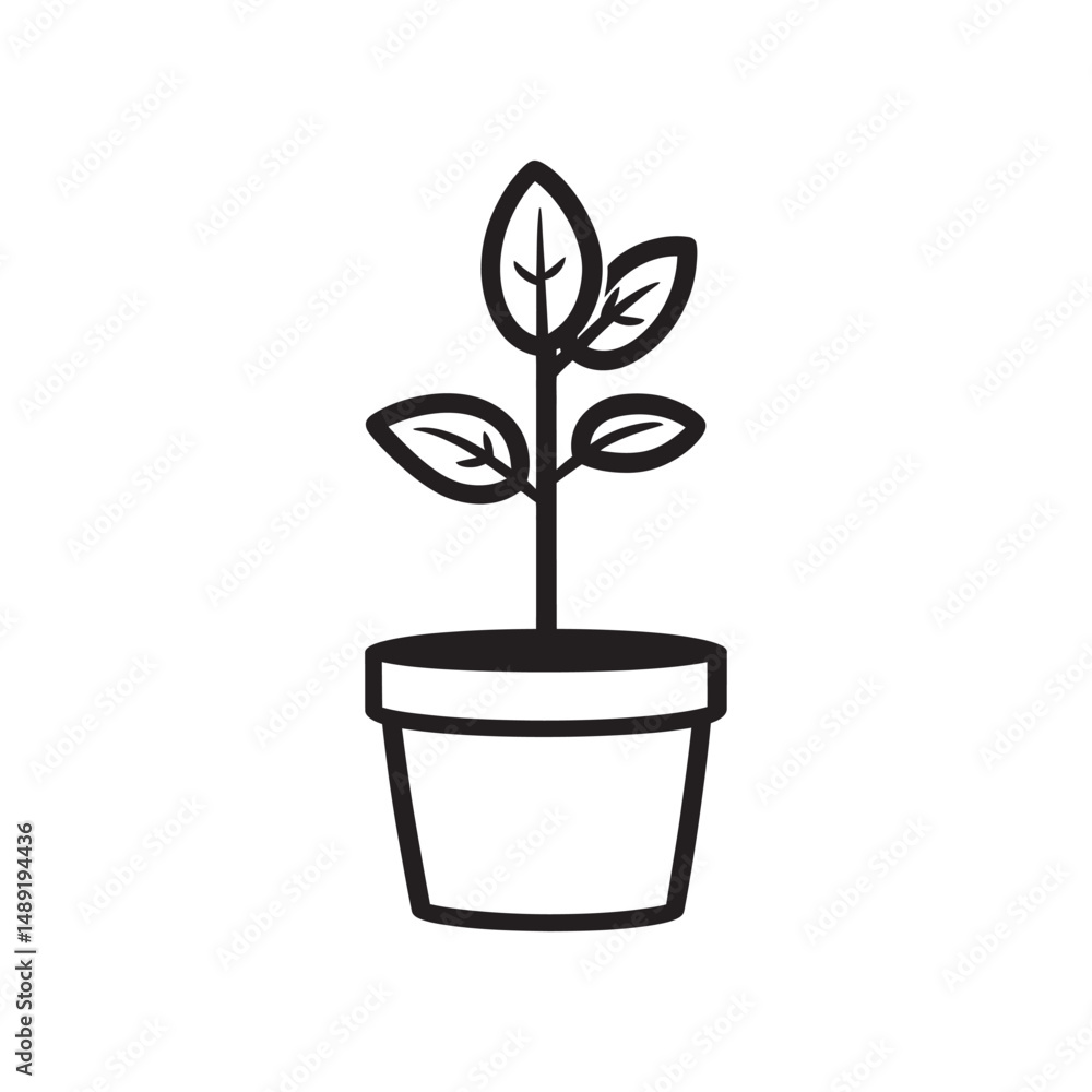 Minimalist sprout illustration exhibits new plant growth from a dark pot on transparent background Minimalist sprout illustration exhibits new plant growth from a dark pot on transparent background