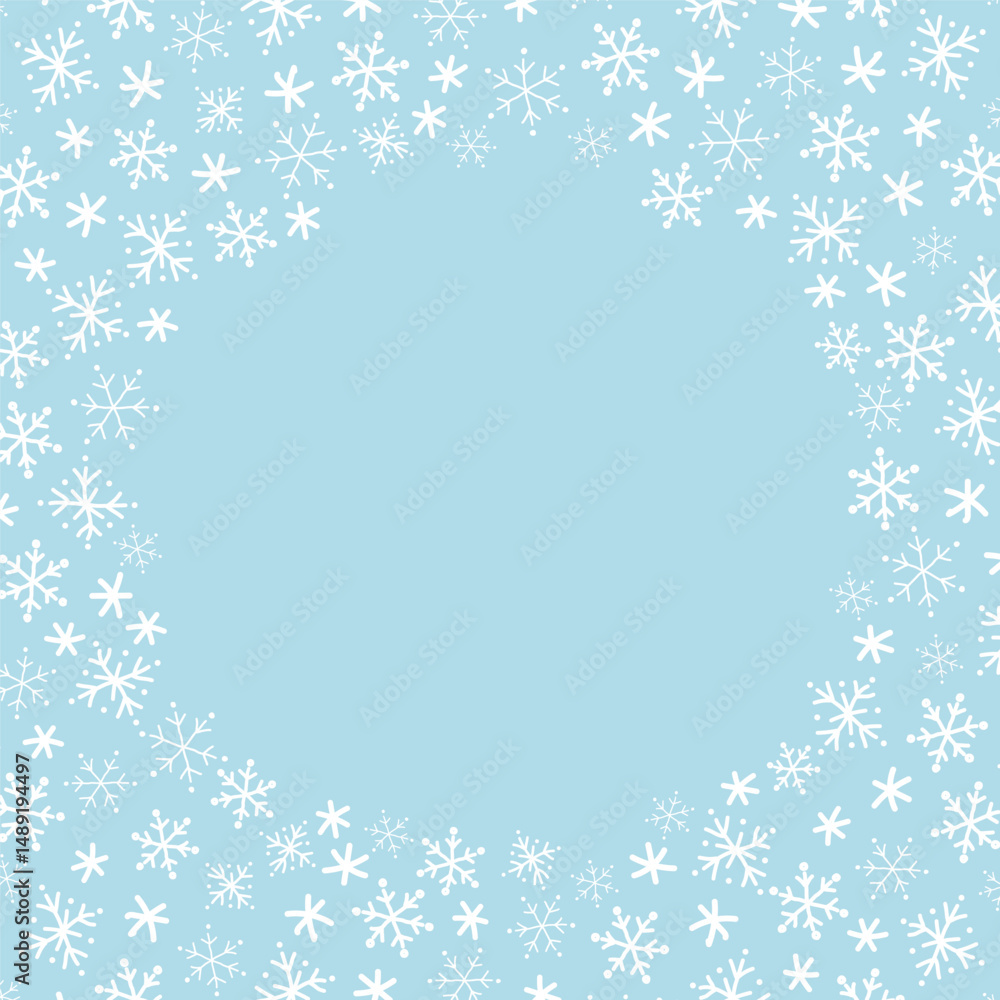 Fototapeta premium Snowflake Round Frame. Beautiful Winter Holiday Background. Christmas Greeting Card Template. Invitation. Free Space for Your Text. Vector Illustration in Light Blue, White.