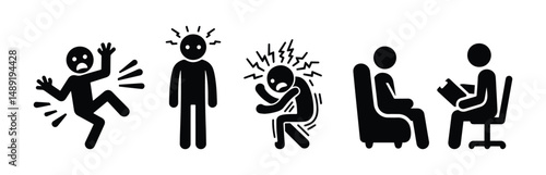 Depression, fear, anxiety, a panic attack and work with a psychotherapist, a set of icons of sticks Figure people, sticman human silhouette