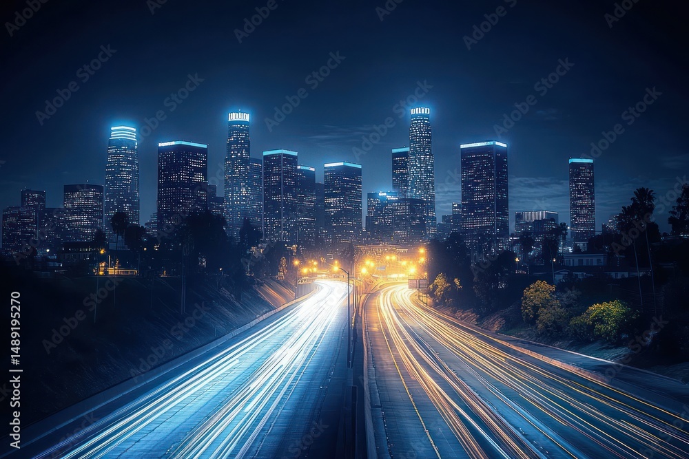 Fototapeta premium Nighttime cityscape with illuminated skyscrapers and light trails of fast-moving vehicles on a highway creating dynamic contrast