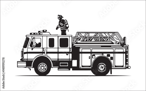 fire truck vector illustration. firefighter, silhouette, rescue, emergency, uniform, helmet, hose, truck, team, danger