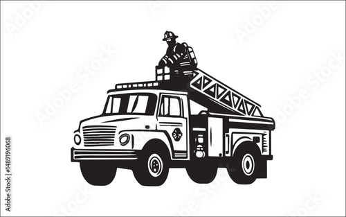 vector illustration of a truck. firefighter, silhouette, rescue, emergency, uniform, helmet, hose, truck, team, danger