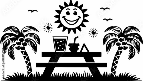 Illustration of a picnic table with drinks under a smiling sun and palm trees with flying birds in black and white editable vector eps/eps