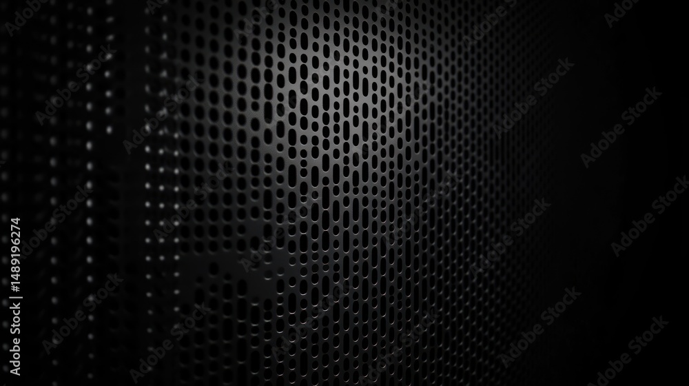Dark perforated metal texture, angled perspective, background shadow, industrial design Dark perforated metal texture, angled perspective, background shadow, industrial design