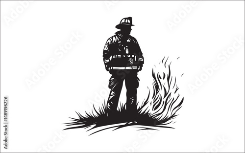 silhouette of a man with a sword. firefighter, silhouette, rescue, emergency, uniform, helmet, hose, truck, team, danger