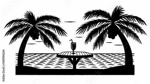 Silhouette of tropical beach scene with palm trees table and drink under a bright sky at sunset view editable vector eps/eps