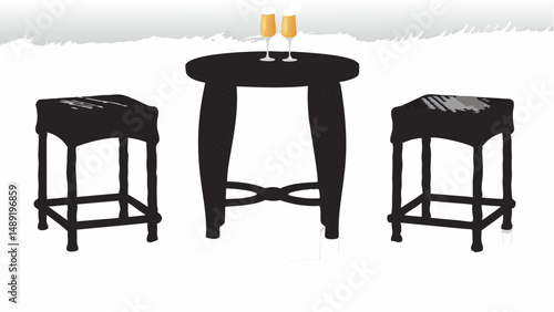 Illustration of round table with two champagne glasses and two stools on a white background area editable vector eps/eps