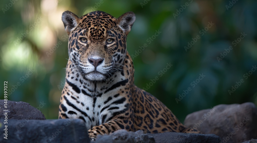 Naklejka premium Majestic jaguar resting and looking towards the camera with focused eye contact and intense gaze