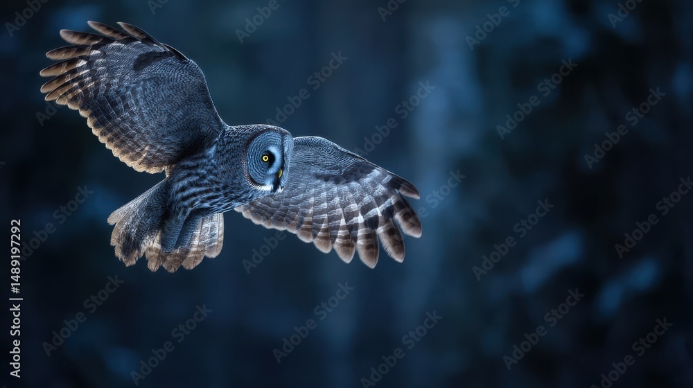 Fototapeta premium Majestic great grey owl in flight against a dark blue forest background