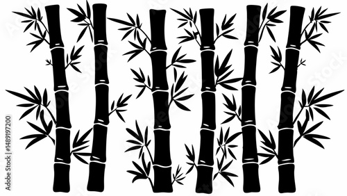 Illustration of a pattern with five bamboo stalks and leaves in a black silhouette against white background editable vector eps/eps