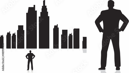 Silhouette illustration depicting a large man and small man with a city skyline in the background editable vector eps/eps