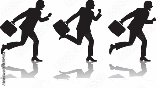 Silhouette of three businessmen running with briefcases against a white background in a hurry scene editable vector eps/eps