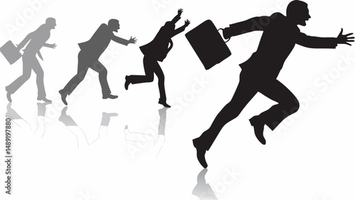 Silhouette of businessmen in various stages of running with a briefcase on a white background scene editable vector eps/eps