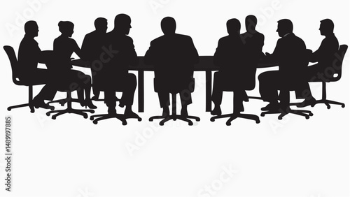 Silhouette illustration of a business meeting with people sitting around a conference table talkiing editable vector eps/eps