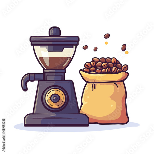 Coffee Grinder With Full Bean Sack Illustration On White Background Graphic Design