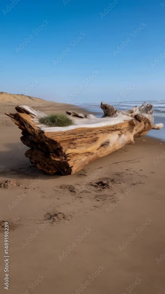 Weathered log rests on sandy beach along the coastline under a clear blue sky, with small patch of green grass on log. Weathered log rests on sandy beach along the coastline under a clear blue sky, with small patch of green grass on log.