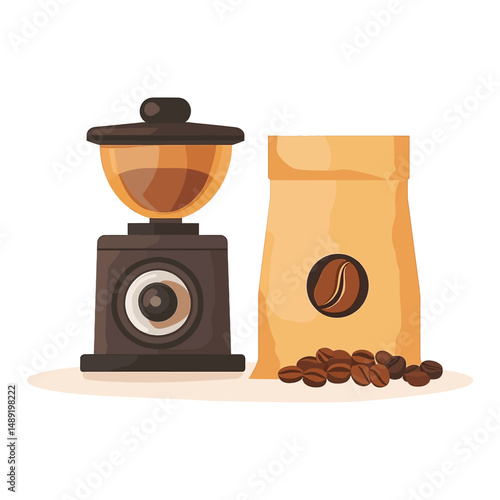 Retro Coffee Grinder and Beans with Brown Bag Illustration Isolated on White
