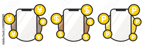 スマホとドルマーク、日本円マーク、ポイントのイメージセット ベクターイラスト