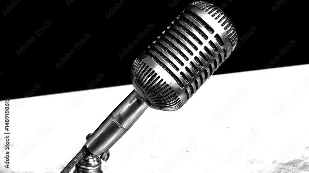 Obraz premium Close-up of a vintage silver microphone on a stand against a black and white background, evoking a classic and timeless atmosphere