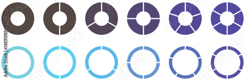 Set of colorful circle pie chart templates.  Different color circles chart divided equal parts. 