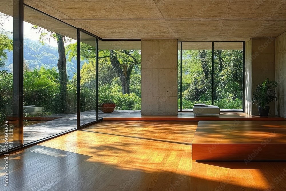 Obraz premium Modern minimalist room with large floor-to-ceiling glass windows showing lush green outdoor trees, sunlight casting warm shadows on wooden floor, and simple indoor plants