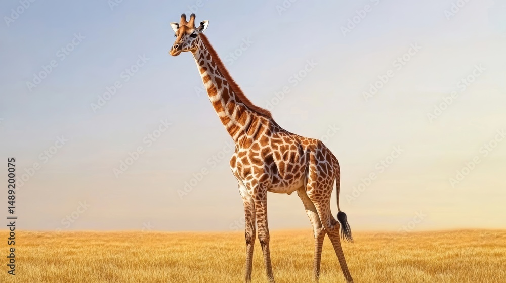 Obraz premium A graceful giraffe standing tall in an African savanna, surrounded by golden grass under a clear sky.