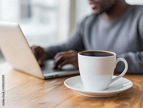 A focused individual working on a laptop while enjoying a cup of coffee, set in a cozy indoor environment with natural light filtering through large windows