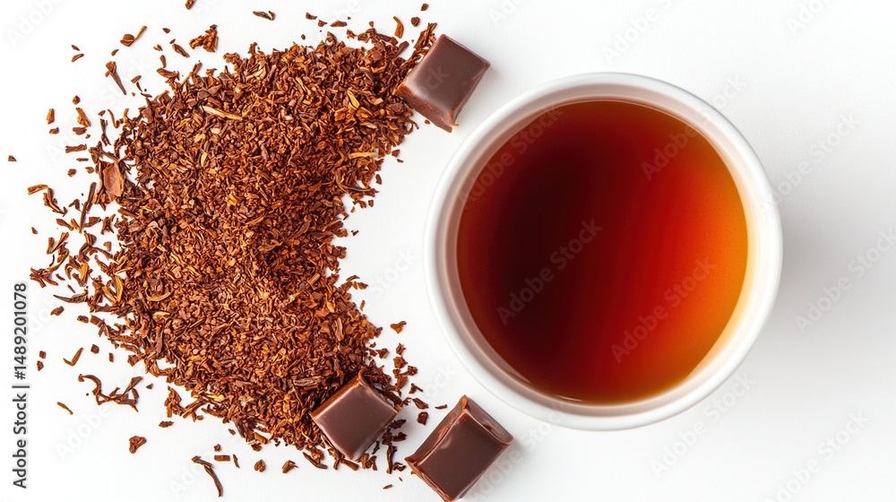 Obraz premium Rooibos tea in cup with chocolate pieces and loose tea leaves scattered