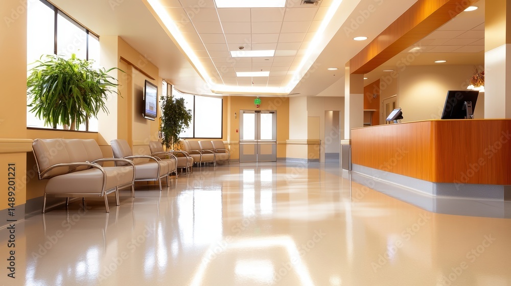 Naklejka premium A hospital lobby with clean floors, comfortable seating, and a welcoming reception area, ready to assist visitors and patients.