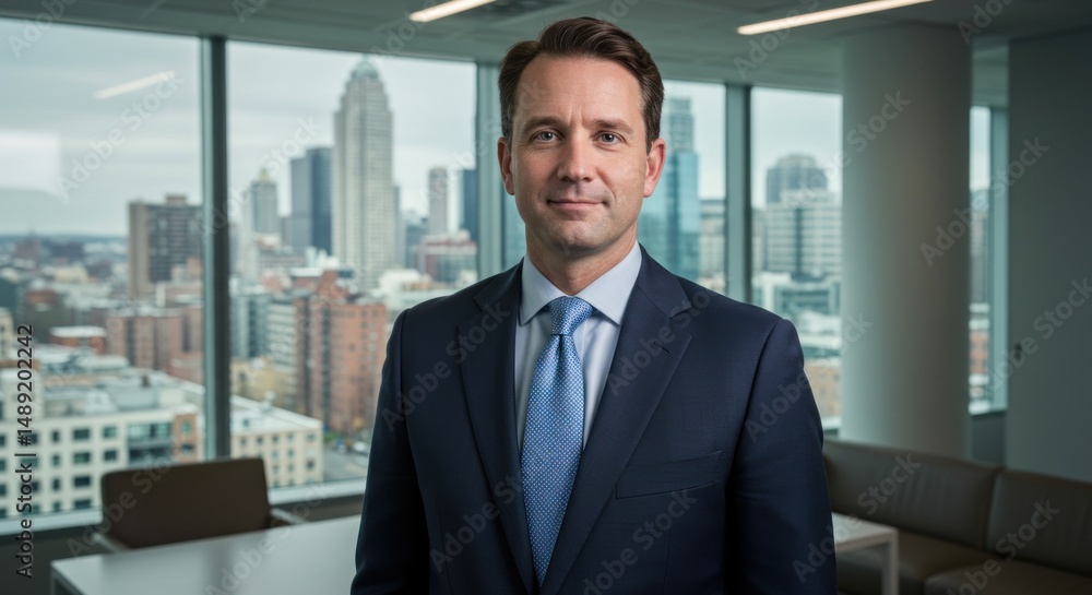 Business professional in modern office setting. Urban cityscape view Business professional in modern office setting. Urban cityscape view