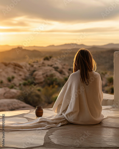 young woman meditating outdoor desert spa hotel