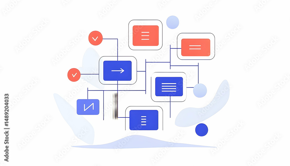 Abstract diagram in soft colors. Rectangular boxes linked by lines, checkmarks, rounded elements, minimal and clean design Abstract diagram in soft colors. Rectangular boxes linked by lines, checkmarks, rounded elements, minimal and clean design