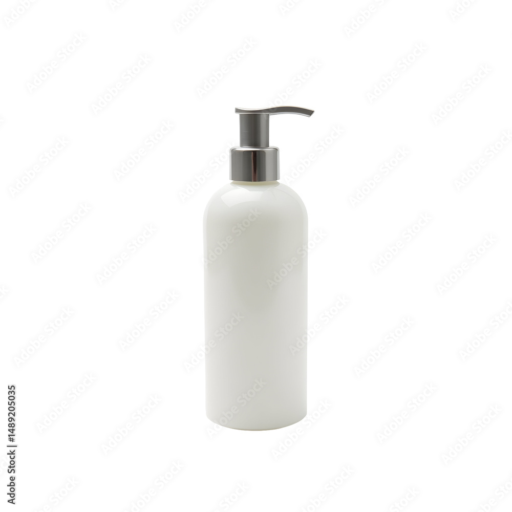 Elegant white cylindrical bottle with silver pump dispenser against a stark, minimalist setting presents a clean and modern aesthetic Elegant white cylindrical bottle with silver pump dispenser against a stark, minimalist setting presents a clean and modern aesthetic