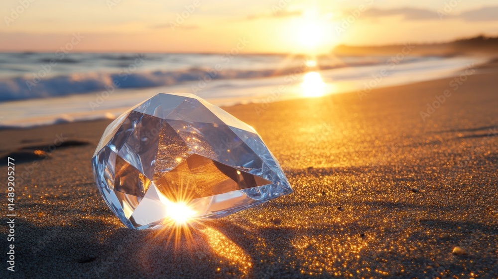 Obraz premium Radiant crystal on sandy beach at sunset ocean waves background