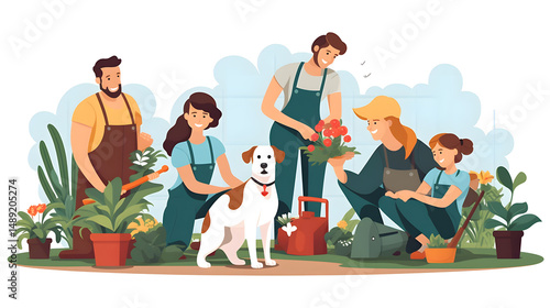 Cartoon family and pets gardening together - joyful outdoor activity illustration